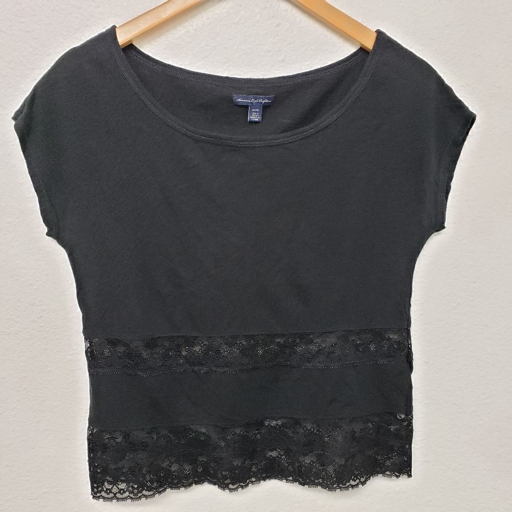 American Eagle Outfitters Black Lace Detail Cotton Blend Tee Shirt Size XS